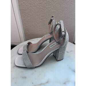NWOT Steve Madden Rhinestone Silver Open Toe Block Heels Dylann New Crystal 10M